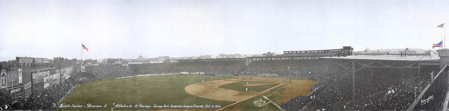 Panoramic photo of an early ballpark crowd
