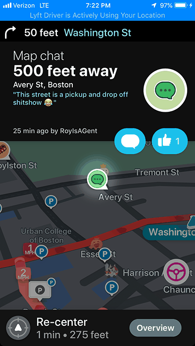Waze map chat in Boston calling Avery St a pickup and drop-off mess