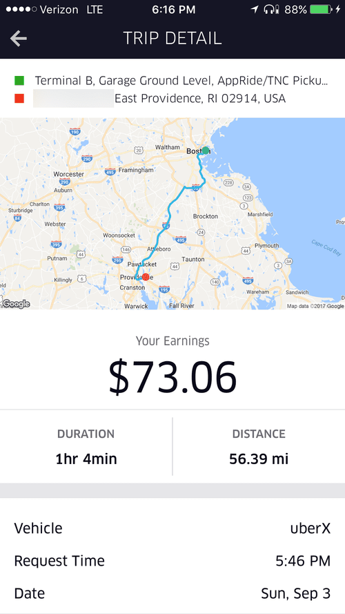 Trip detail: Logan Airport to East Providence, RI, 56.39 miles, $73.06