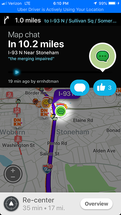 Waze map chat on I-93 near Stoneham: "the merging impaired"