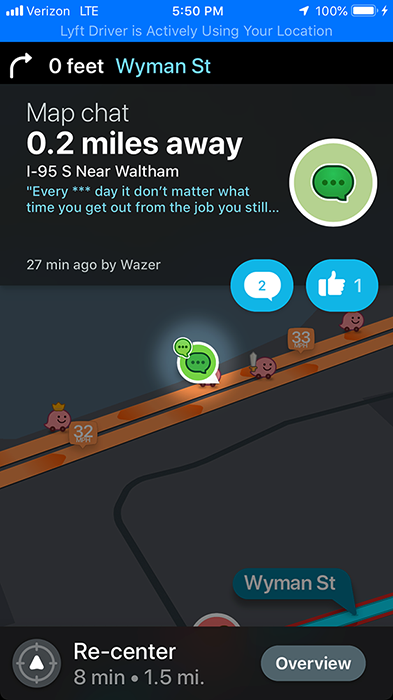 Waze map chat near Waltham: traffic every day no matter when you leave work