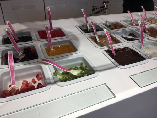 Frozen yogurt toppings bar with fruit and sauces