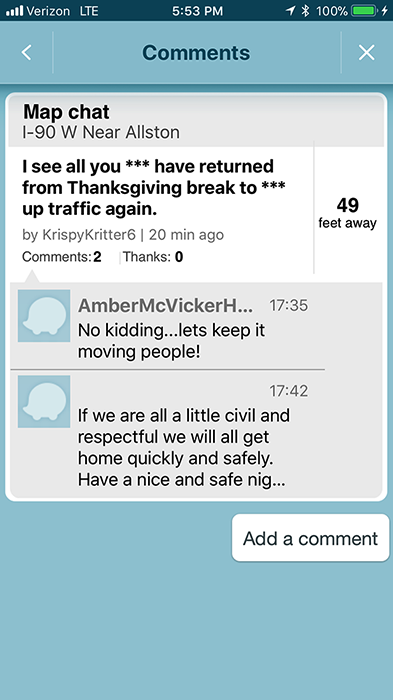 Waze comments on post-Thanksgiving traffic on I-90 near Allston