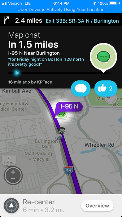 Waze map chat near Burlington: traffic is pretty good for a Friday night