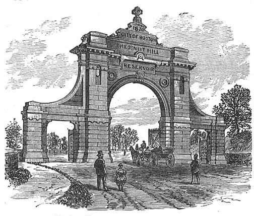 Engraving of the gateway to the Chestnut Hill Reservoir