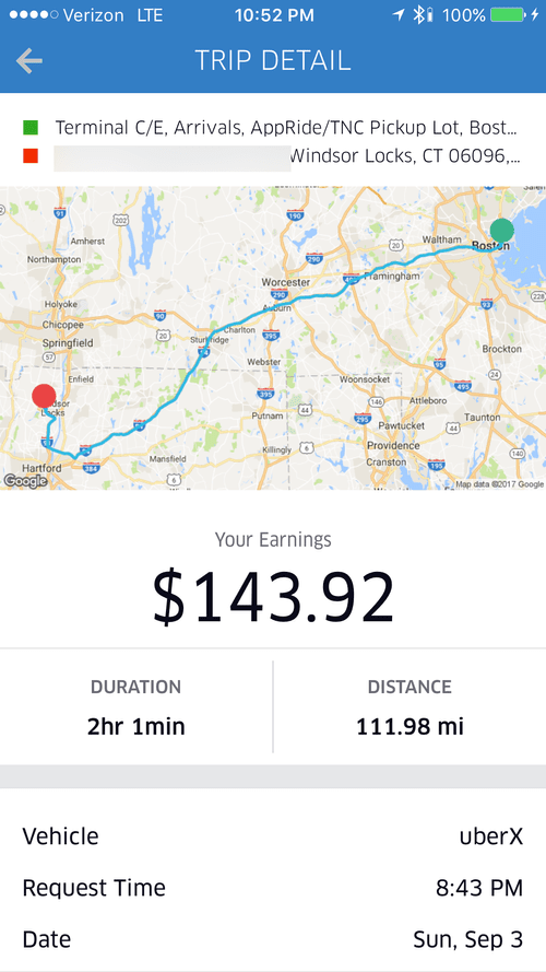 Trip detail: Logan Airport to Windsor Locks, CT, 111.98 miles, $143.92