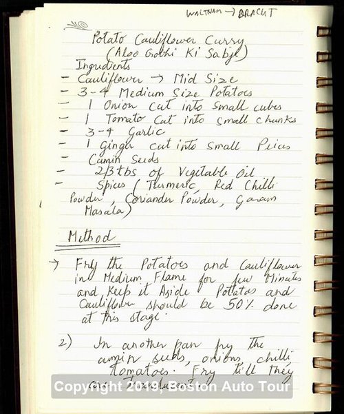 Handwritten recipe for potato cauliflower curry (aloo gobi)