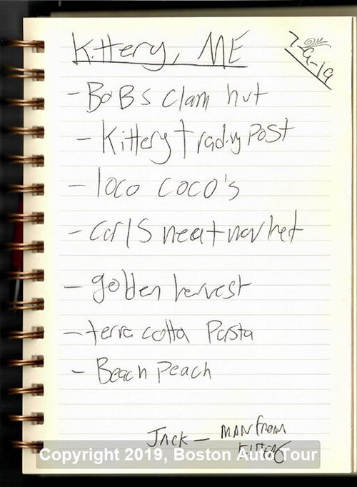 Journal list of favorite food spots in Kittery, Maine