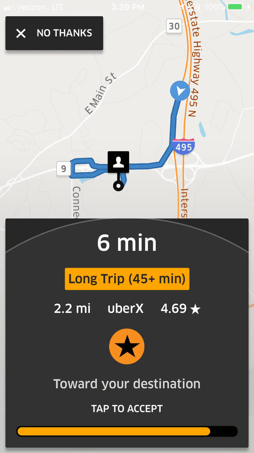 UberX request near Interstate 495 flagged as a long trip