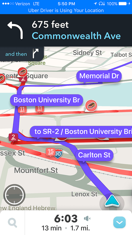 Waze navigation near Boston University in heavy traffic