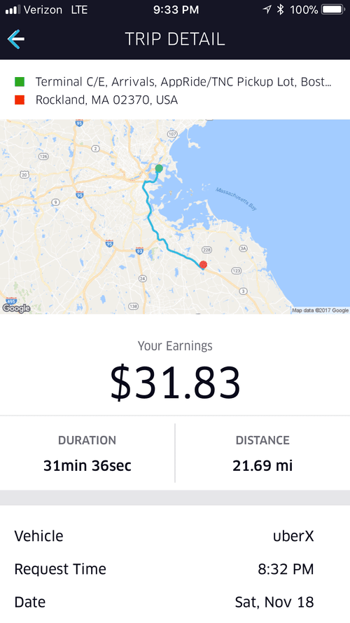 Trip detail: Logan Airport to Rockland, MA, 21.69 miles, $31.83
