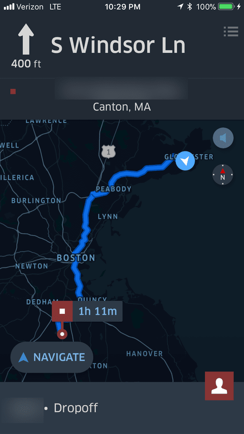 Night navigation to Canton, MA, 1 h 11 min away