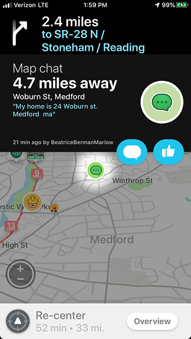 Waze map chat in Medford from a driver near home