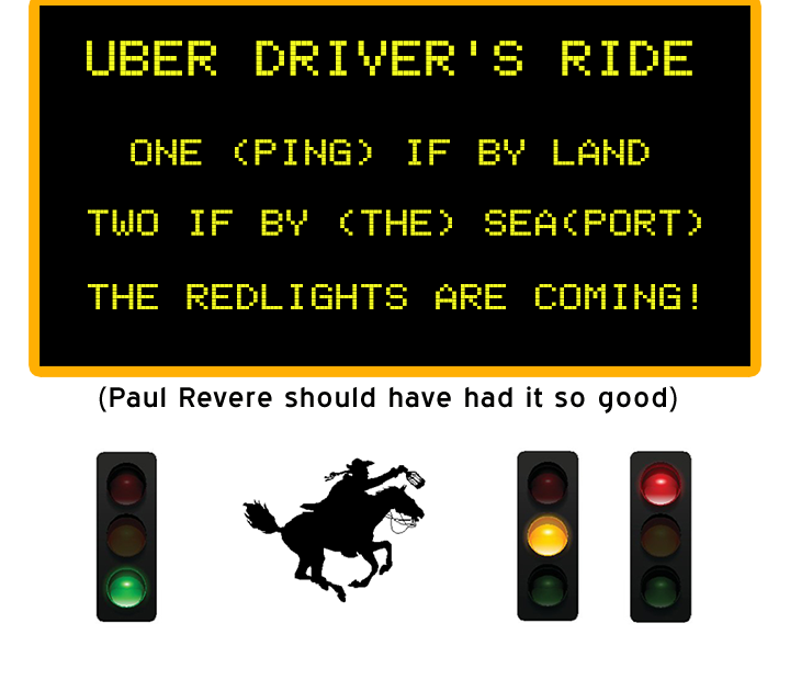 Message sign parody: "One (ping) if by land, two if by (the) sea(port), the redlights are coming!"