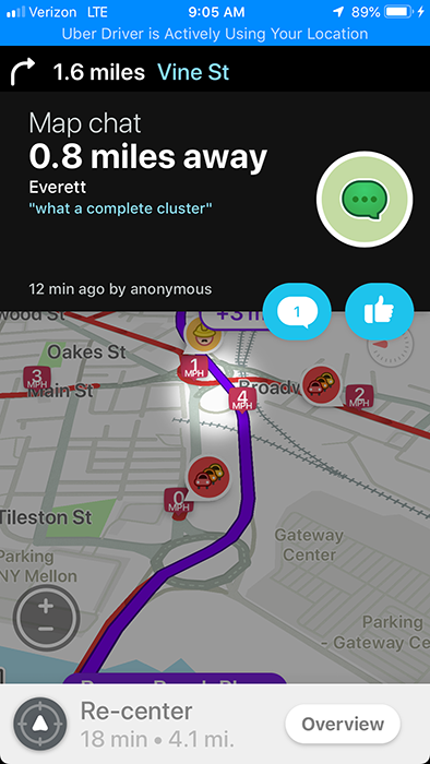 Waze map chat in Everett: "what a complete cluster"