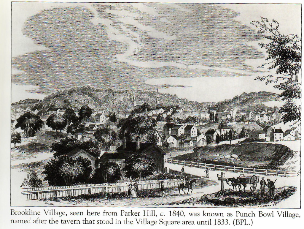Engraving of Brookline Village seen from Parker Hill, about 1840