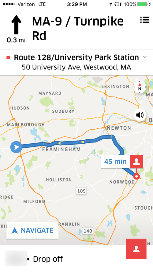 Navigation to Route 128 station in Westwood, MA, 45 minutes away