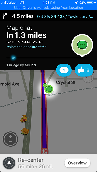 Waze map chat on I-495 near Lowell expressing disbelief at the traffic