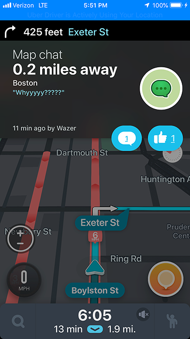 Waze map chat in Boston: "Whyyyyy?????"