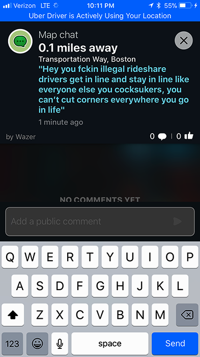 The same angry Waze chat about rideshare drivers, shown in full