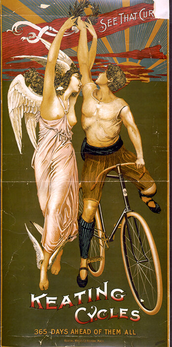 Keating Cycles poster with an angel and a cyclist
