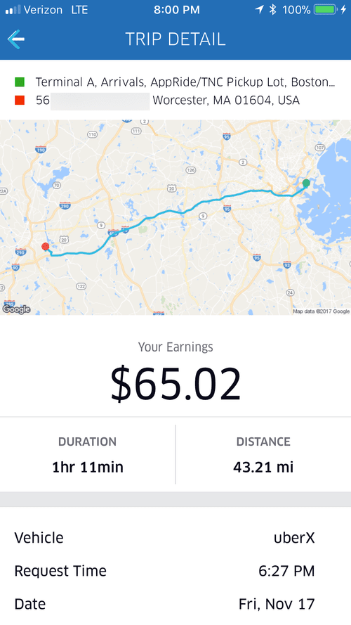Trip detail: Logan Airport to Worcester, MA, 43.21 miles, $65.02