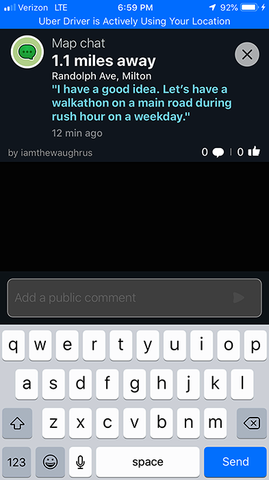 Waze map chat in Milton suggesting a walkathon on a main road at rush hour