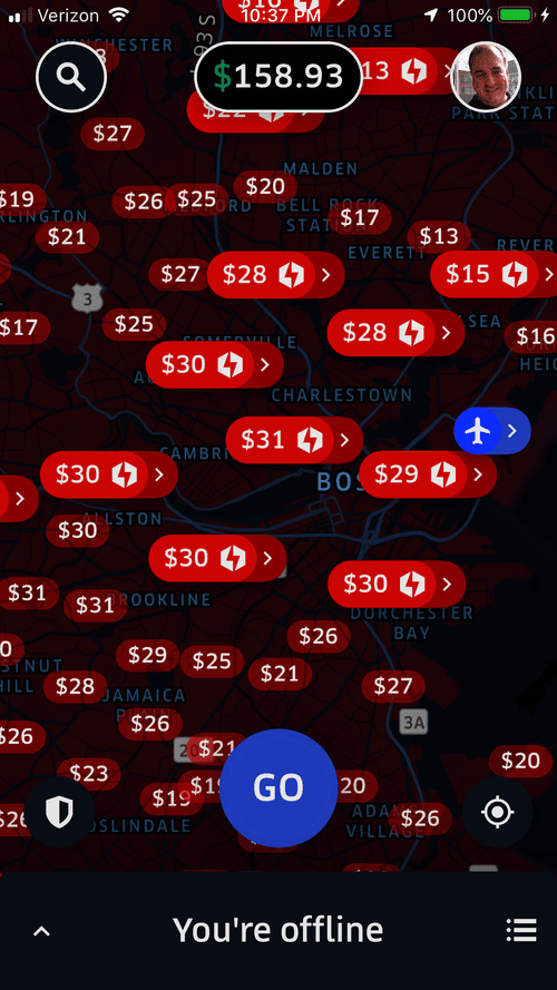 Uber driver map of Boston covered in red surge prices