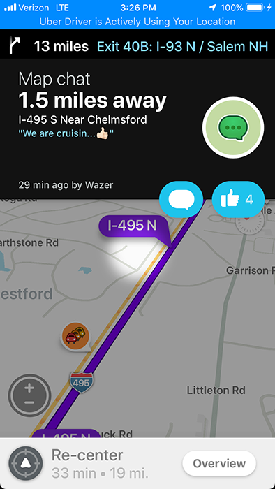 Waze map chat on I-495 near Chelmsford: "We are cruisin..."