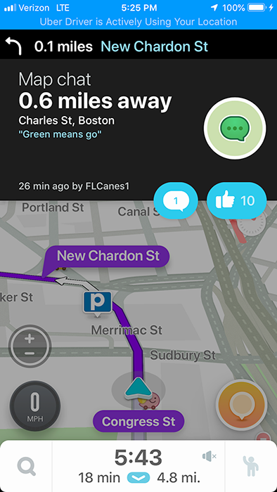 Waze map chat in Boston: "Green means go"