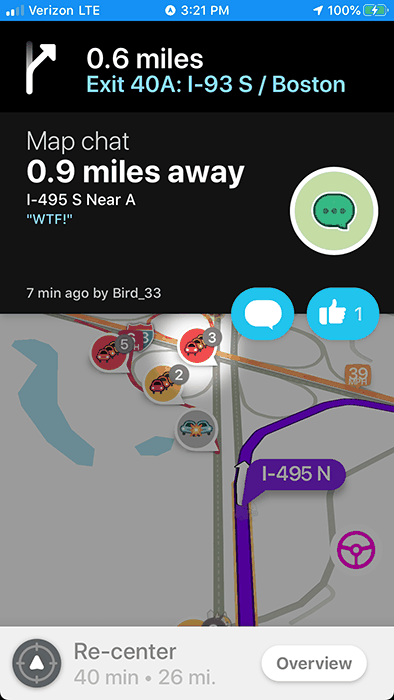 Waze map chat on I-495 South: "WTF!"