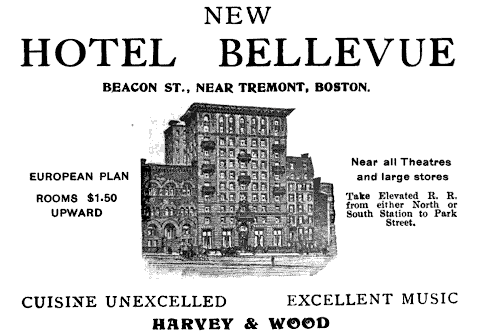 Advertisement for the New Hotel Bellevue on Beacon Street, Boston