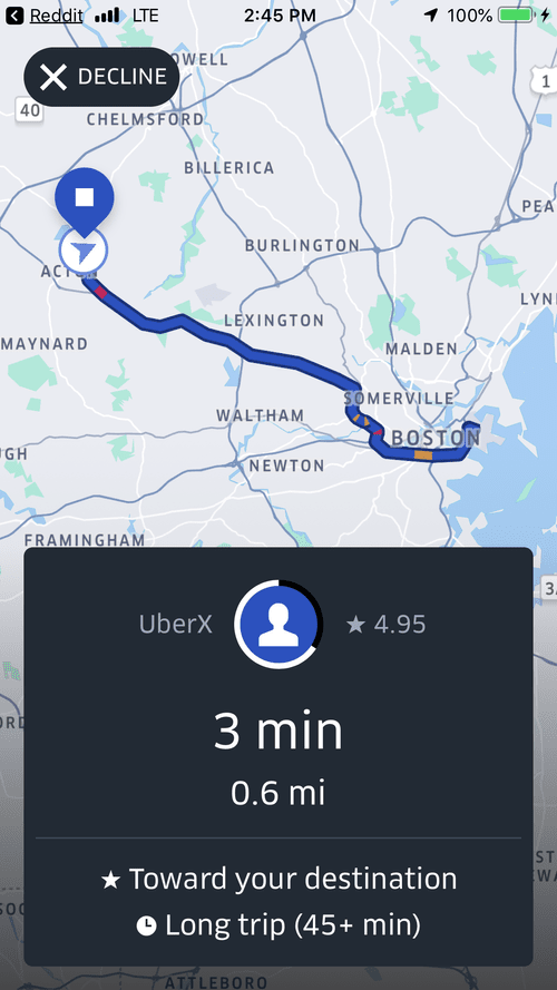 UberX request toward the driver's destination, a long trip