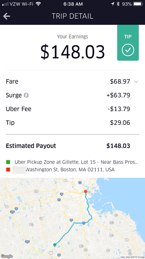 Trip detail: $148.03 payout from Gillette Stadium to Boston