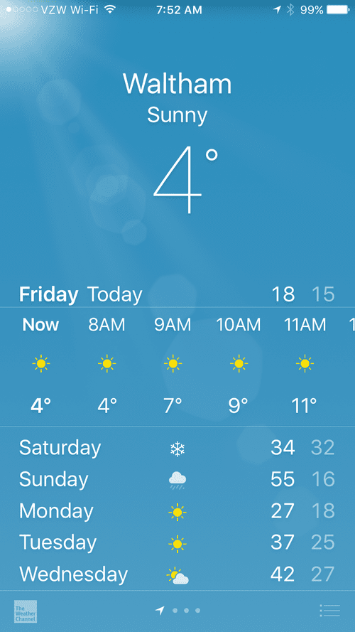 Weather app: Waltham, sunny, 4 degrees