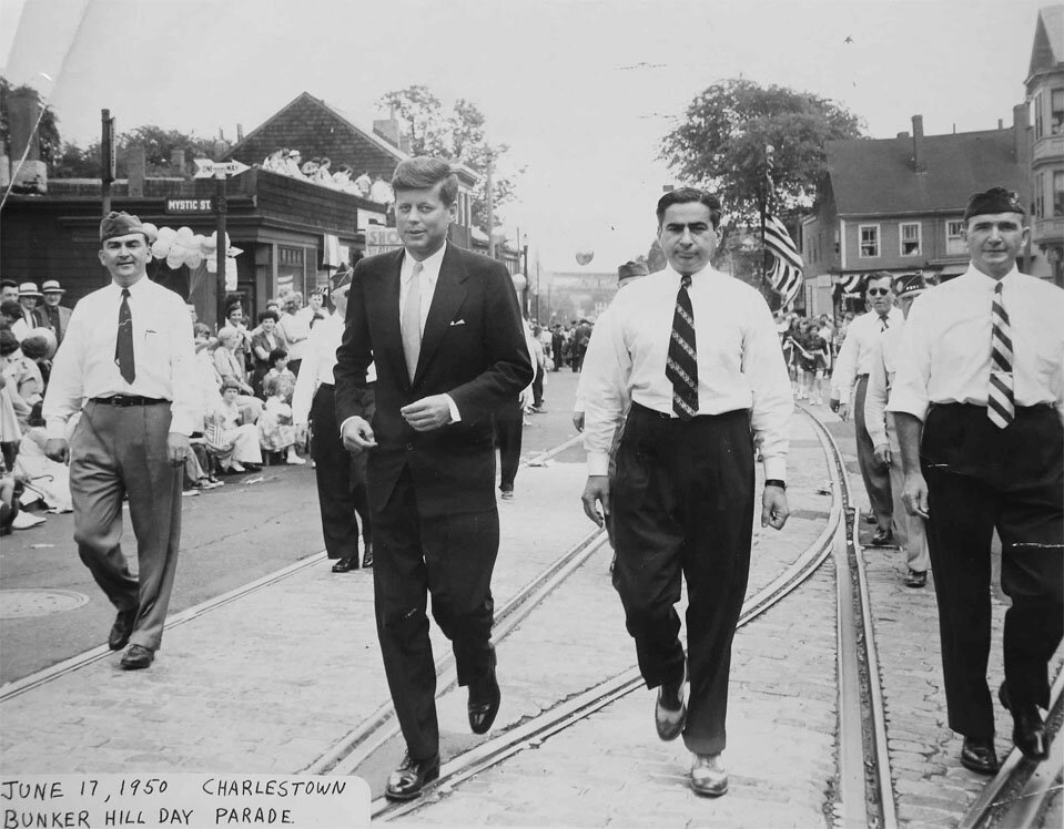 THEN: John F. Kennedy in the Bunker Hill Day Parade, Charlestown, MA, 1950.