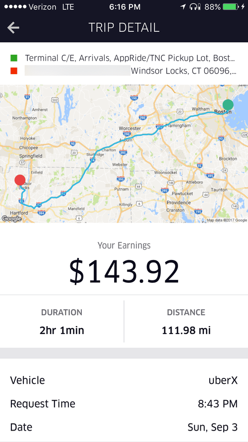 Trip detail: Logan Airport to Windsor Locks, CT, $143.92 for 2 h 1 min