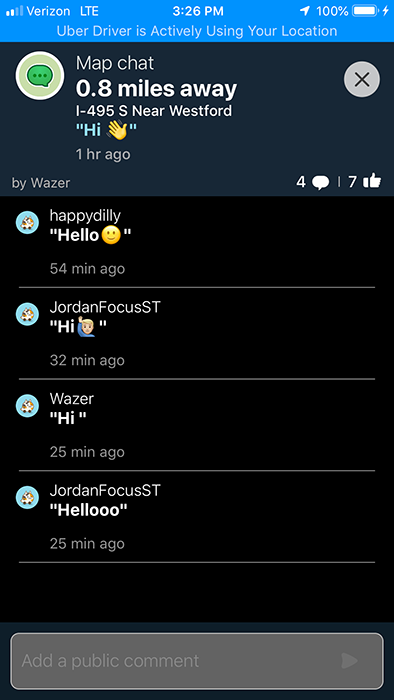 Waze chat thread near Westford of drivers saying hello