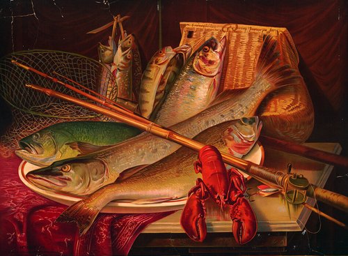 Still-life painting of trout, a lobster and a fishing rod