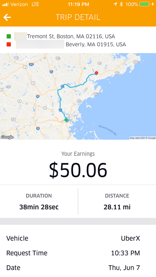 Trip detail: Boston to Beverly, MA, 28.11 miles, $50.06
