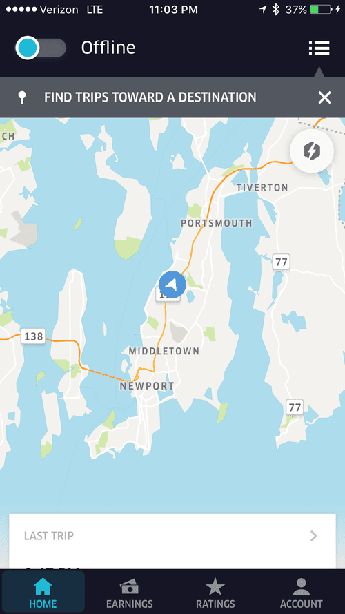 Uber driver app offline near Newport, RI, set to find trips toward a destination
