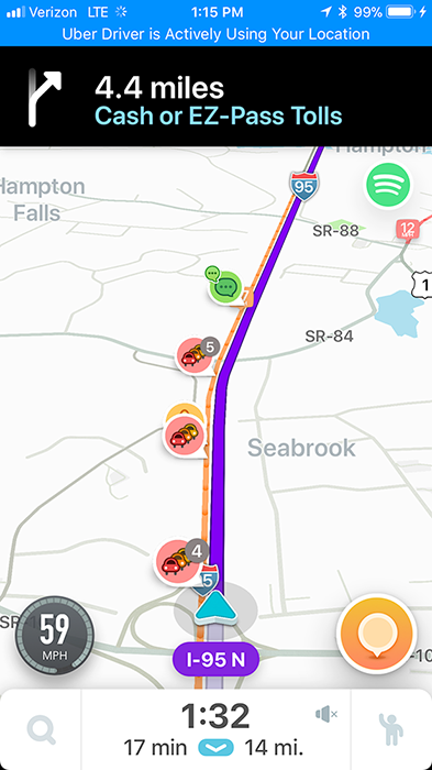 Waze navigation on I-95 North near Seabrook approaching the tolls