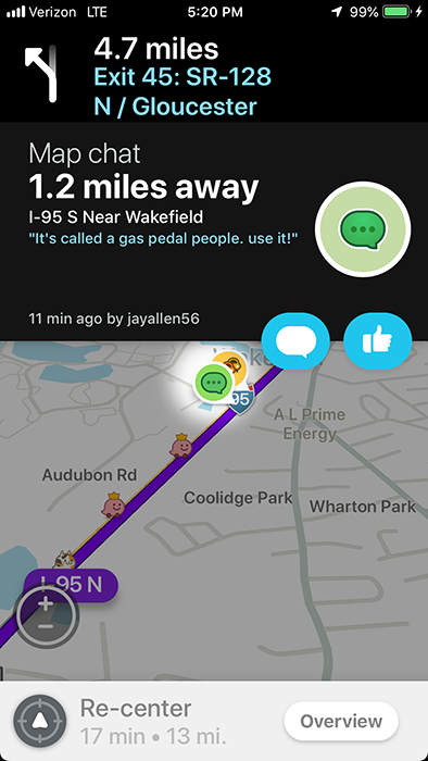 Waze map chat near Wakefield: "It's called a gas pedal people. Use it!"