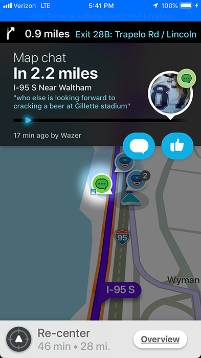 Waze map chat near Waltham about a beer at Gillette Stadium