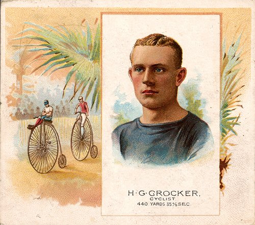 Trade card of cyclist H.G. Crocker with high-wheel riders