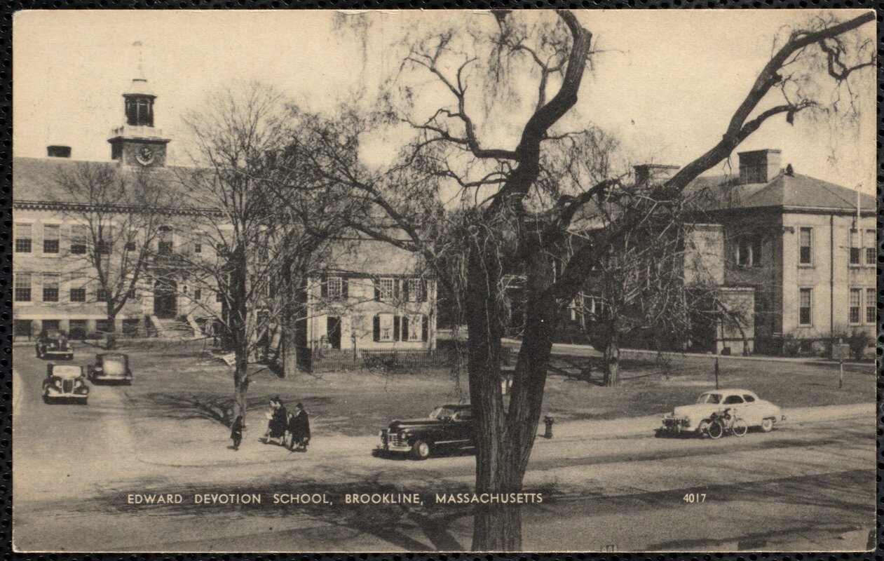 Old postcard of the Edward Devotion School, Brookline