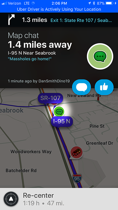 Waze map chat near Seabrook: "Massholes go home!"
