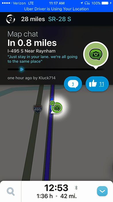 Waze map chat near Raynham: "Just stay in your lane, we're all going to the same place"