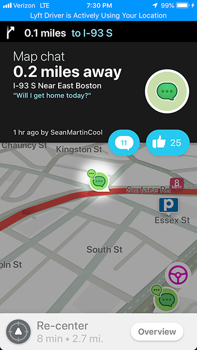 Waze map chat near East Boston: "Will I get home today?"