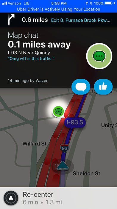 Waze map chat on I-93 near Quincy about the traffic